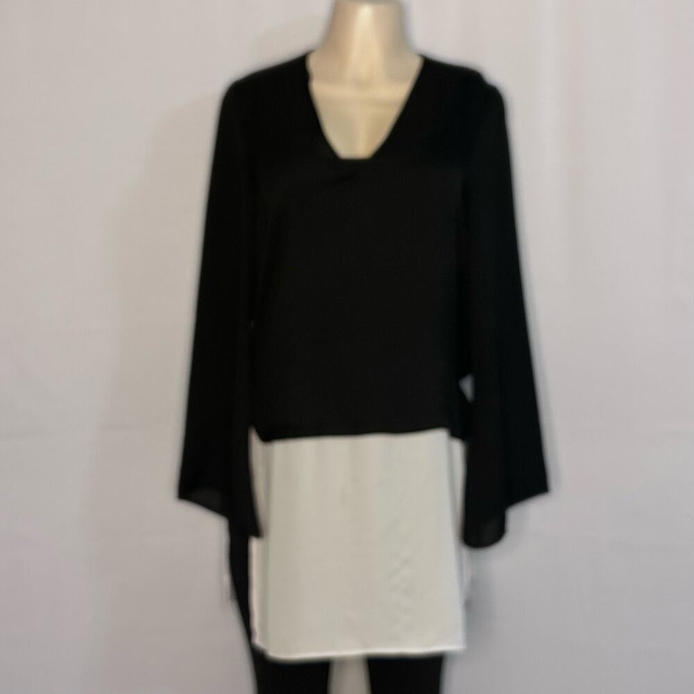 Zara Basic Black White Colorblock Sheer Tunic Top Long Sleeve Women’s M